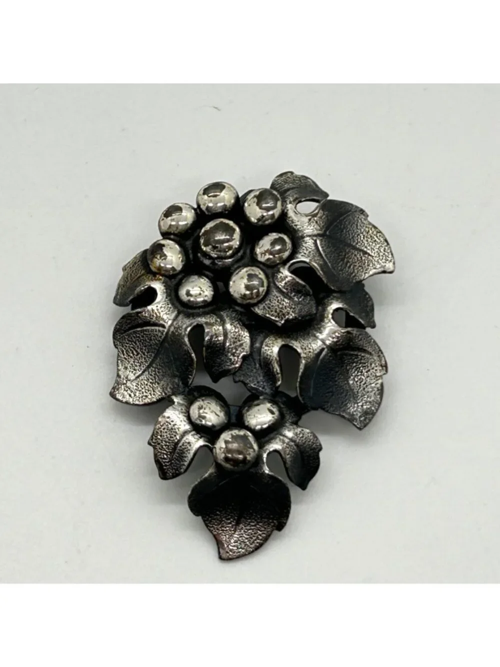 Vintage Grape Cluster Leaf Brooch Silver Tone Mid Century Modern Botanical Jewel